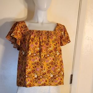 Loft Gold Floral Textured Flutter Sleeve Top Size Medium